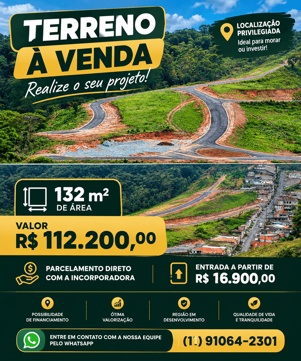 Terreno à venda: 132 m² com parcelamento direto e entrada a partir de R$ 16.900